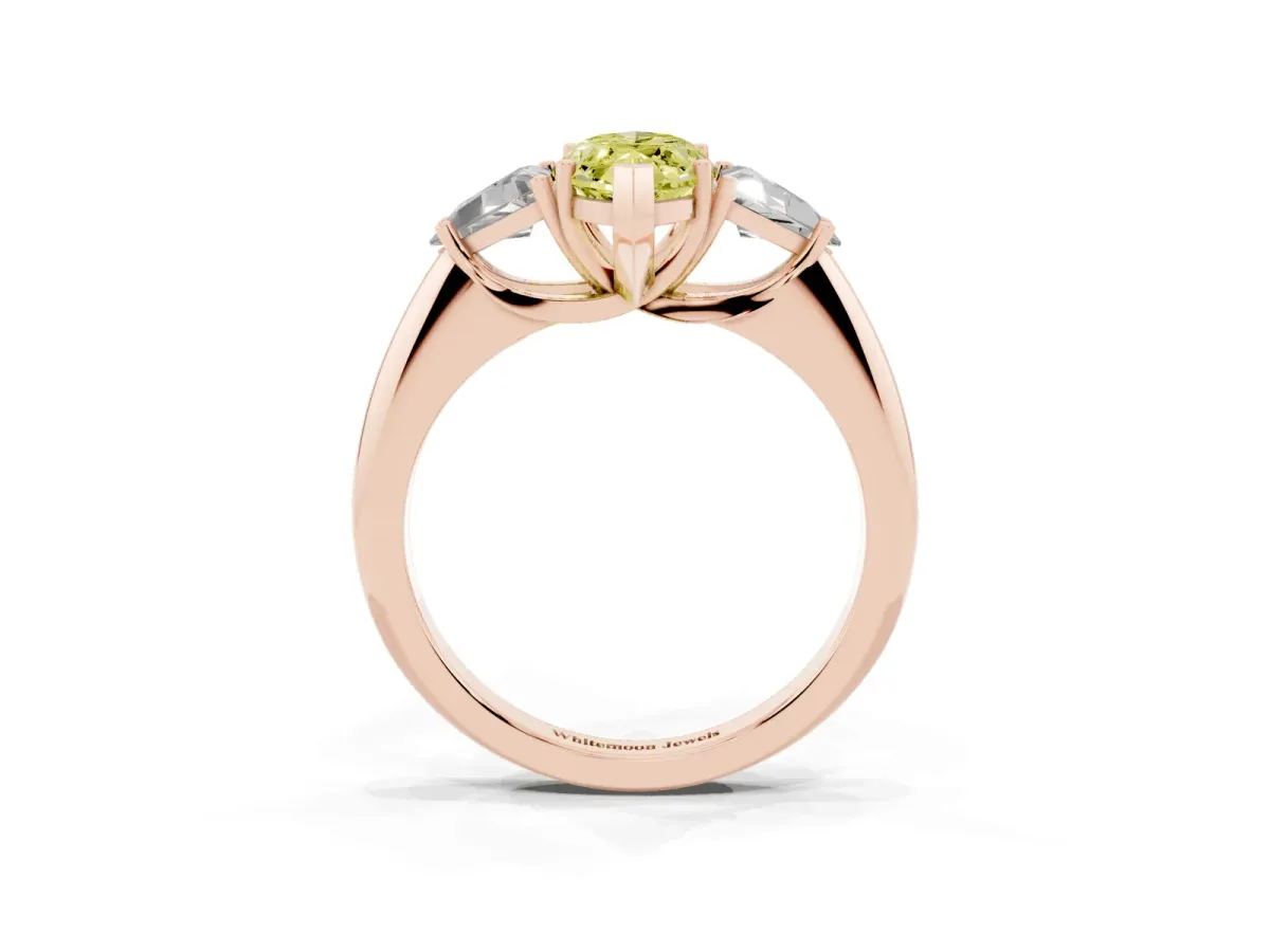 Fancy Yellow Three-Stone Marquise Cut Diamond Engagement Ring with Trillion Side Stones and Prong Setting Rose gold