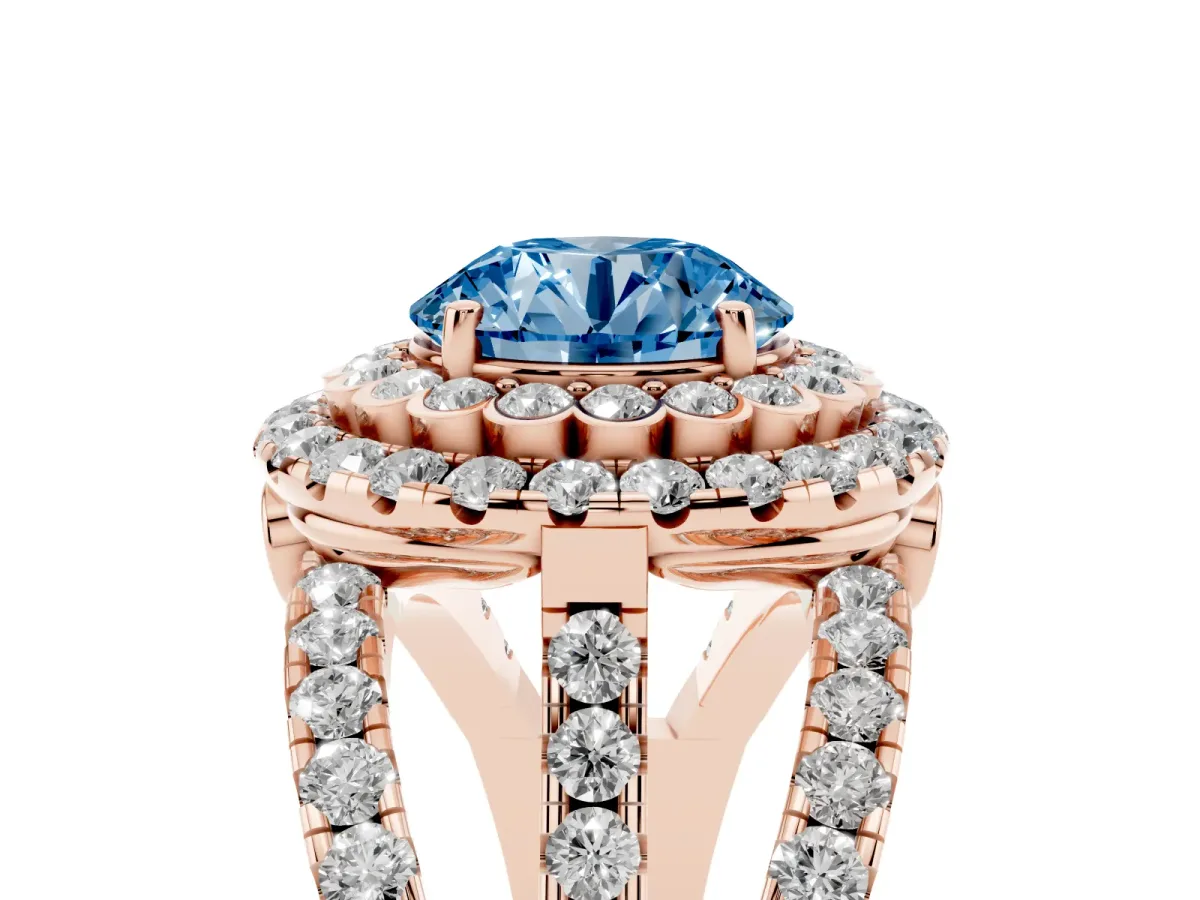 Fancy Blue Round Cut Diamond Double Halo Ring with Round Pavé Split Shank and Prong Setting Rose gold