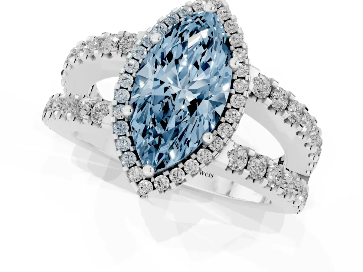 Fancy Blue Marquise Cut Cut Halo Split Shank Diamond Ring with Four-Prong Setting Platinum