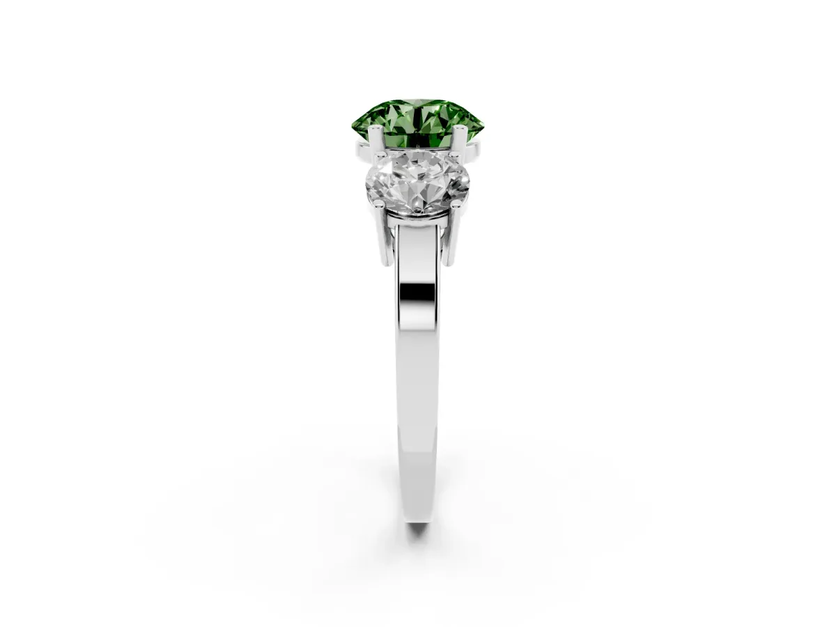 Fancy Green Three-Stone Round Cut Cut Diamond Engagement Ring with Flat Band and Four-Prong Setting Silver