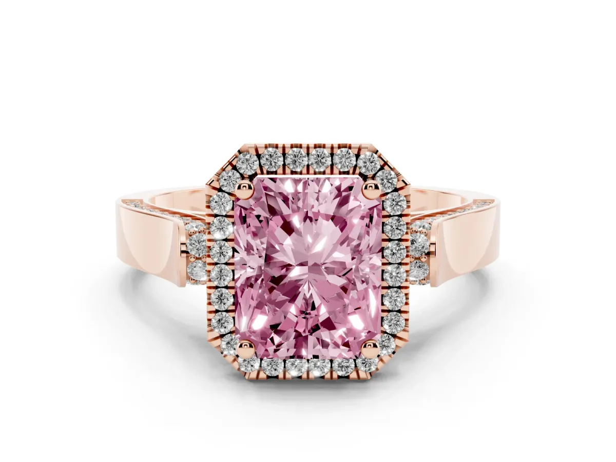 Fancy Pink Radiant Cut Halo Round Diamond Twist Band with Four-Prong Setting Rose gold