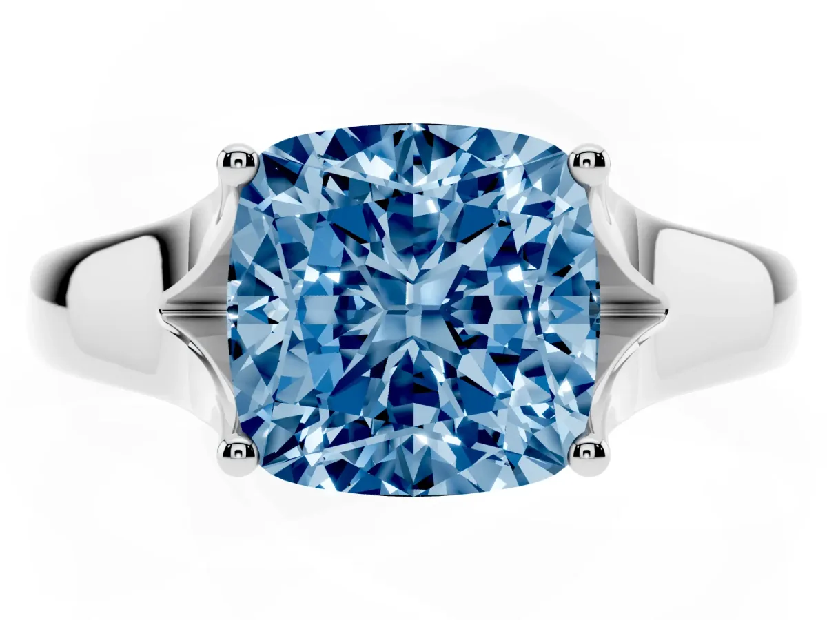 Fancy Blue Cushion Cut Solitaire Diamond Ring with Cathedral Band and Four-Prong Setting Silver