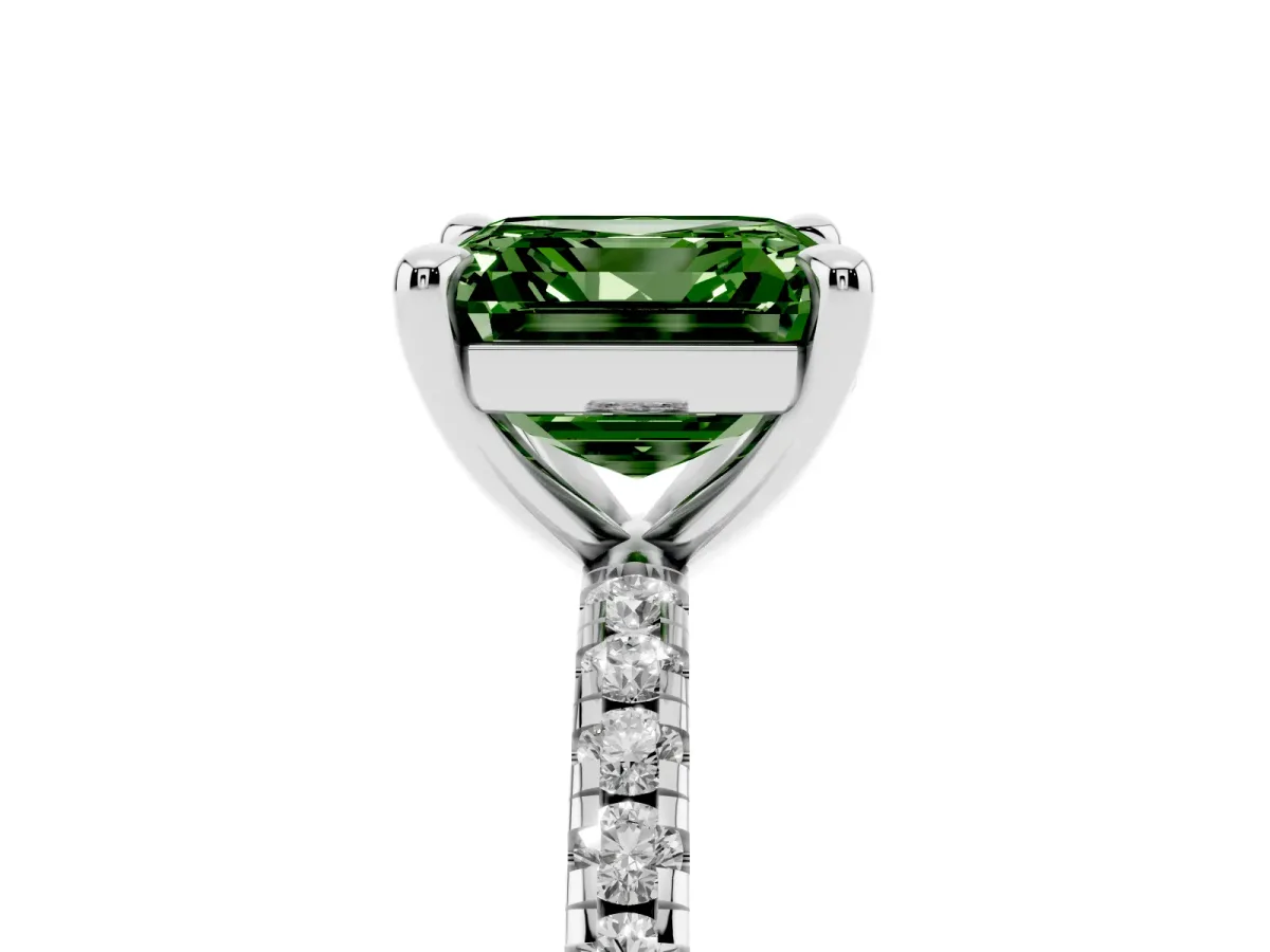 Fancy Green Asscher Cut Diamond Brilliant Solitaire Ring with Pavé Band and Four-Prong Setting White gold