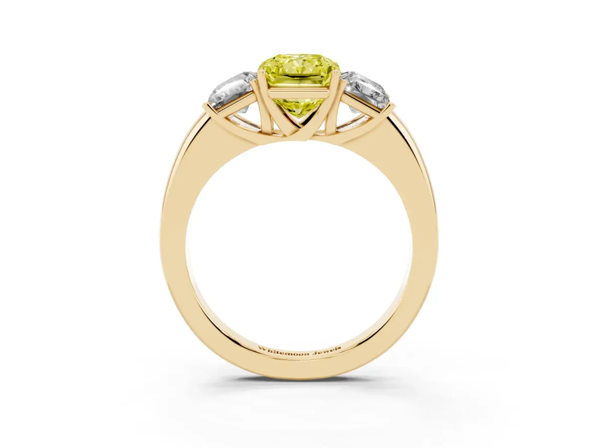 Fancy Yellow Radiant Cut Diamond Three-Stone Ring with Four-Prong Setting and Classic Band Yellow gold