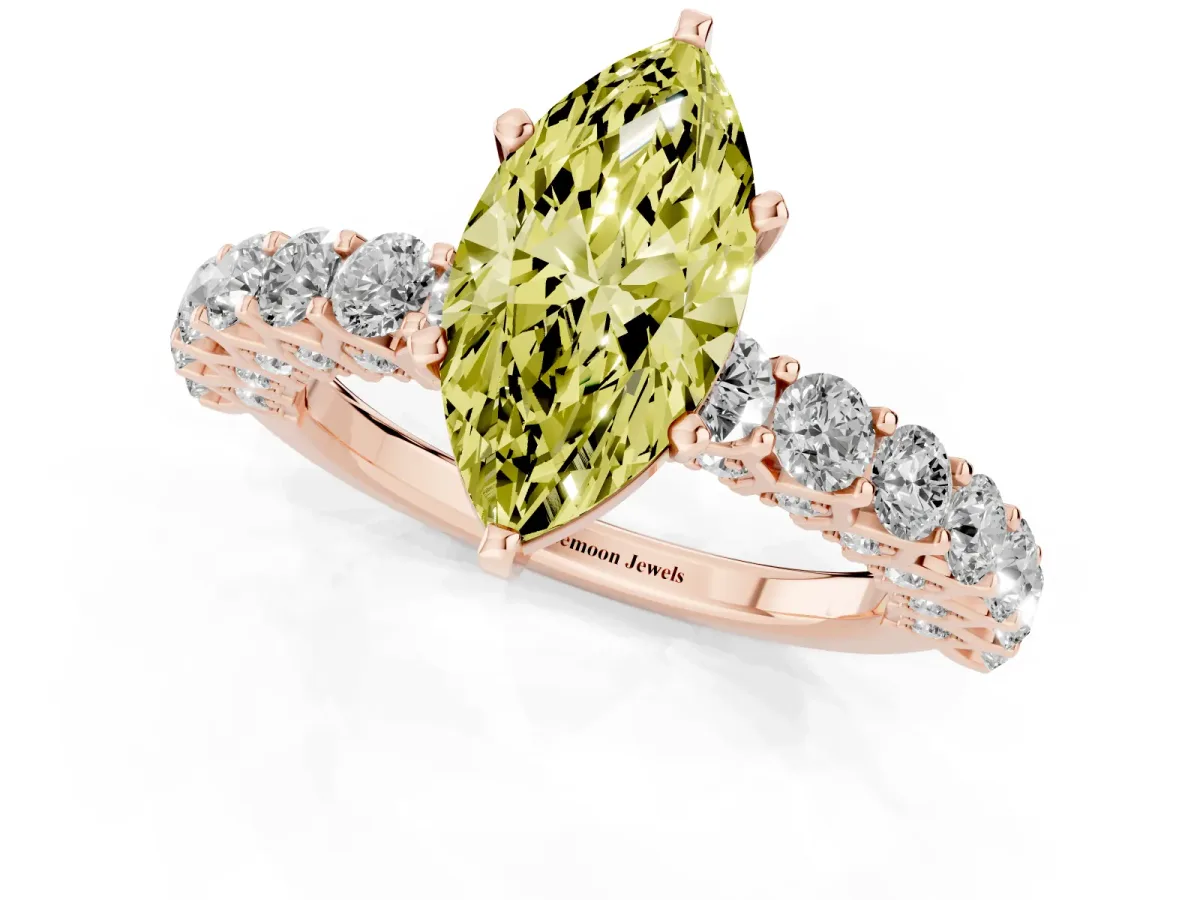 Fancy Yellow Marquise Cut Diamond Solitaire Ring with Shared Prong Pavé Band and Four-Prong Setting Rose gold