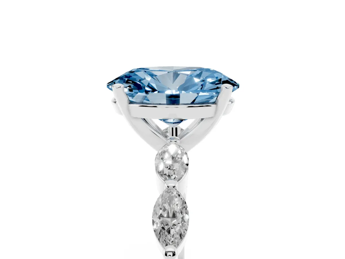 Fancy Blue Oval Cut Diamond Ring with Marquise Side Stones and Prong Setting Platinum