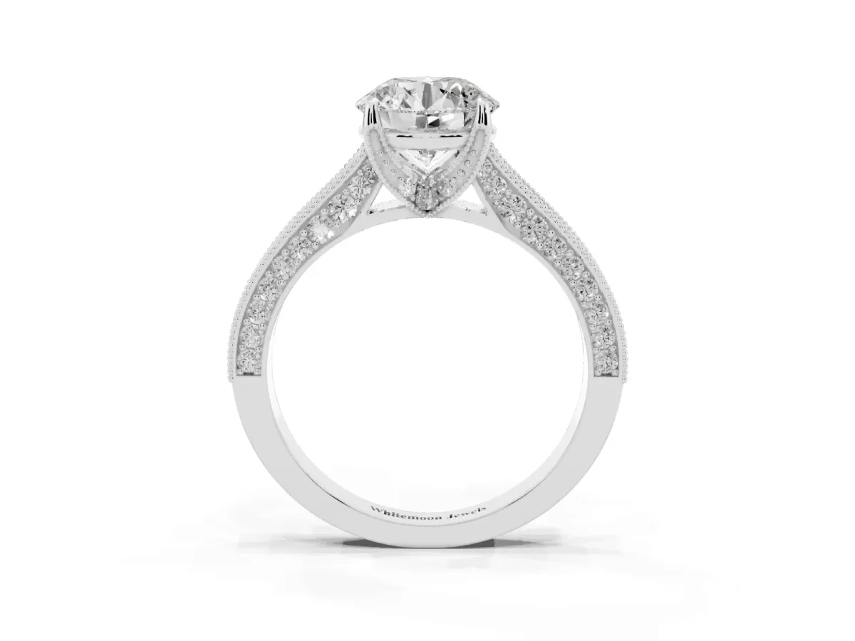 Round Cut Cut Diamond Solitaire Ring with Milgrain Pave Band and Four Prong Setting White gold