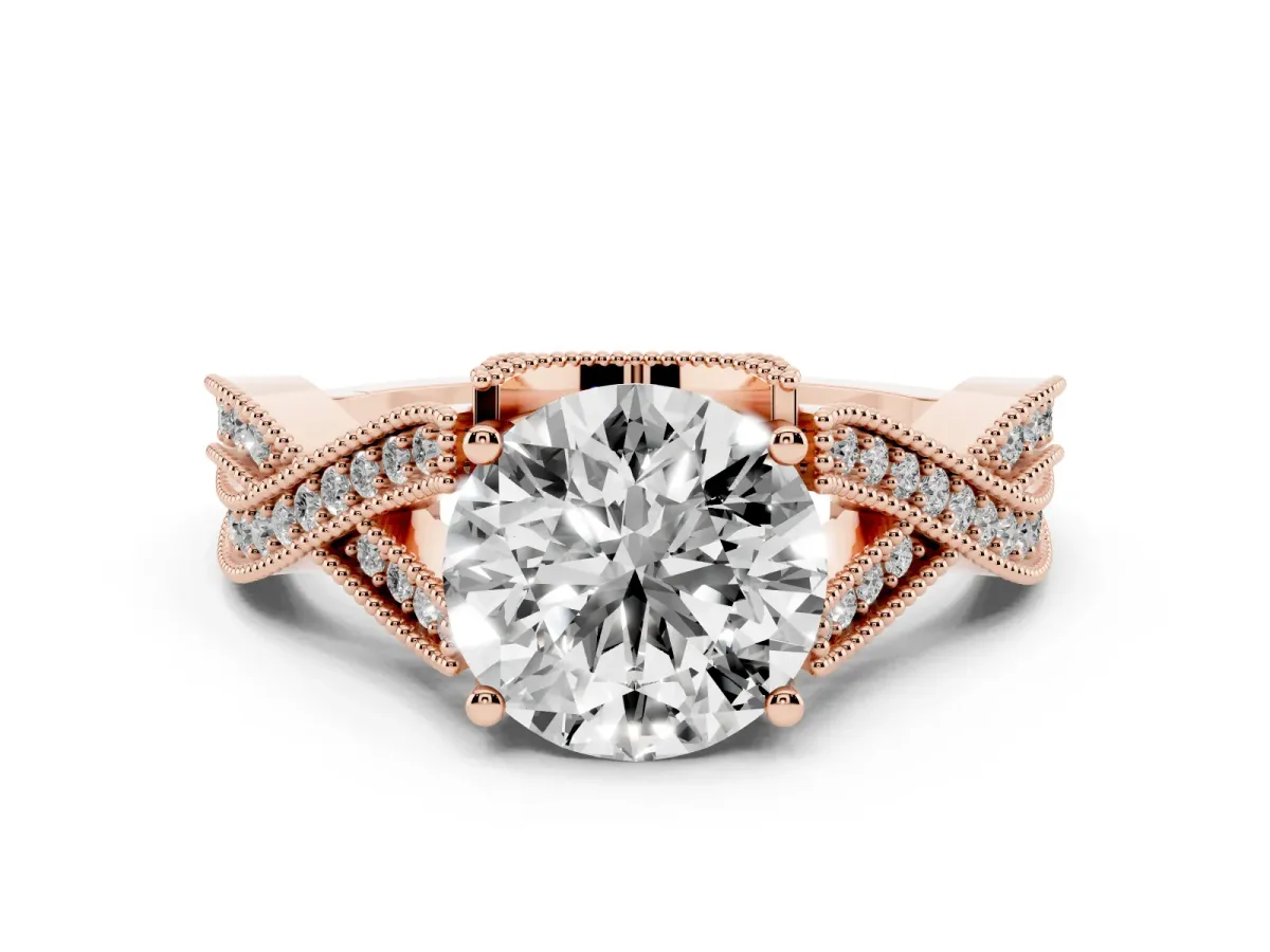Round Cut Cut Diamond Twisted Band with Milgrain Pave Setting and Four-Prong Setting Rose gold