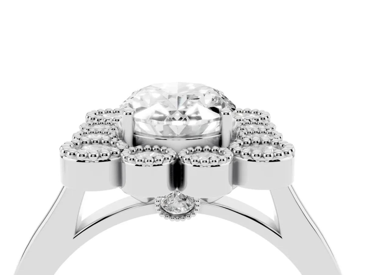Oval Cut Halo Diamond Cluster Engagement Ring with Milgrain Bezel Setting and Solitaire Band White gold