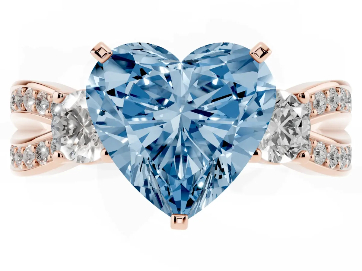 Fancy Blue Three-Stone Heart Cut Cut Diamond Twist Band with Prong Setting Rose gold