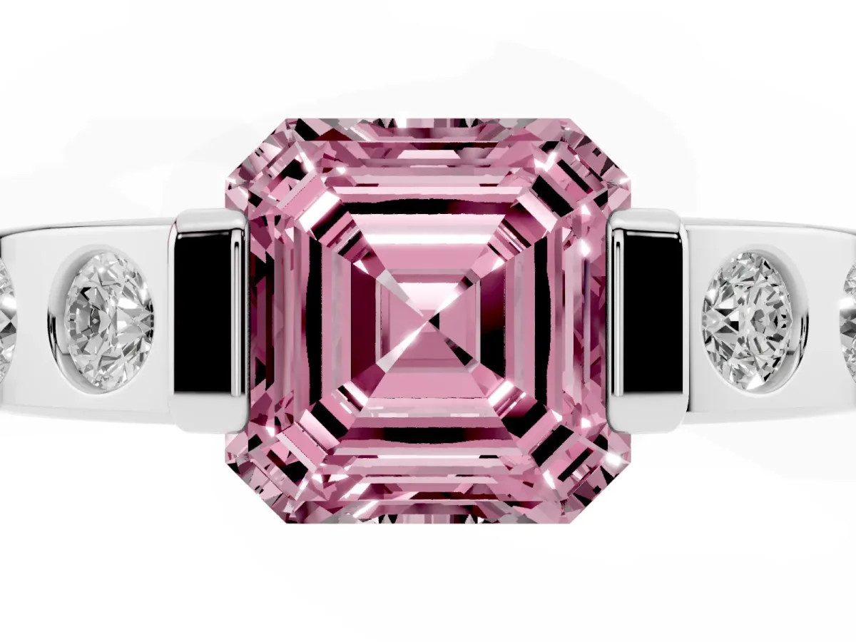 Fancy Pink Asscher Cut Brilliant Channel-Set Diamond Ring with Bezel Prong Setting Silver