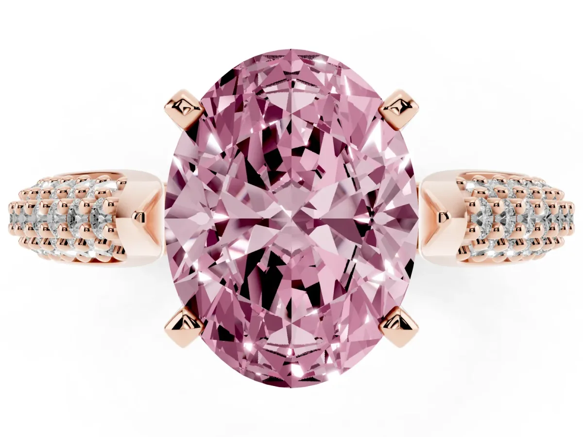 Fancy Pink Oval Cut Diamond Solitaire Engagement Ring with Multi-Row Round Pavé Band and Prong Setting Rose gold