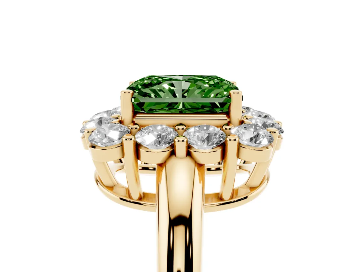 Fancy Green Radiant Cut Halo Cluster Diamond Engagement Ring with Prong Setting and Polished Band Yellow gold