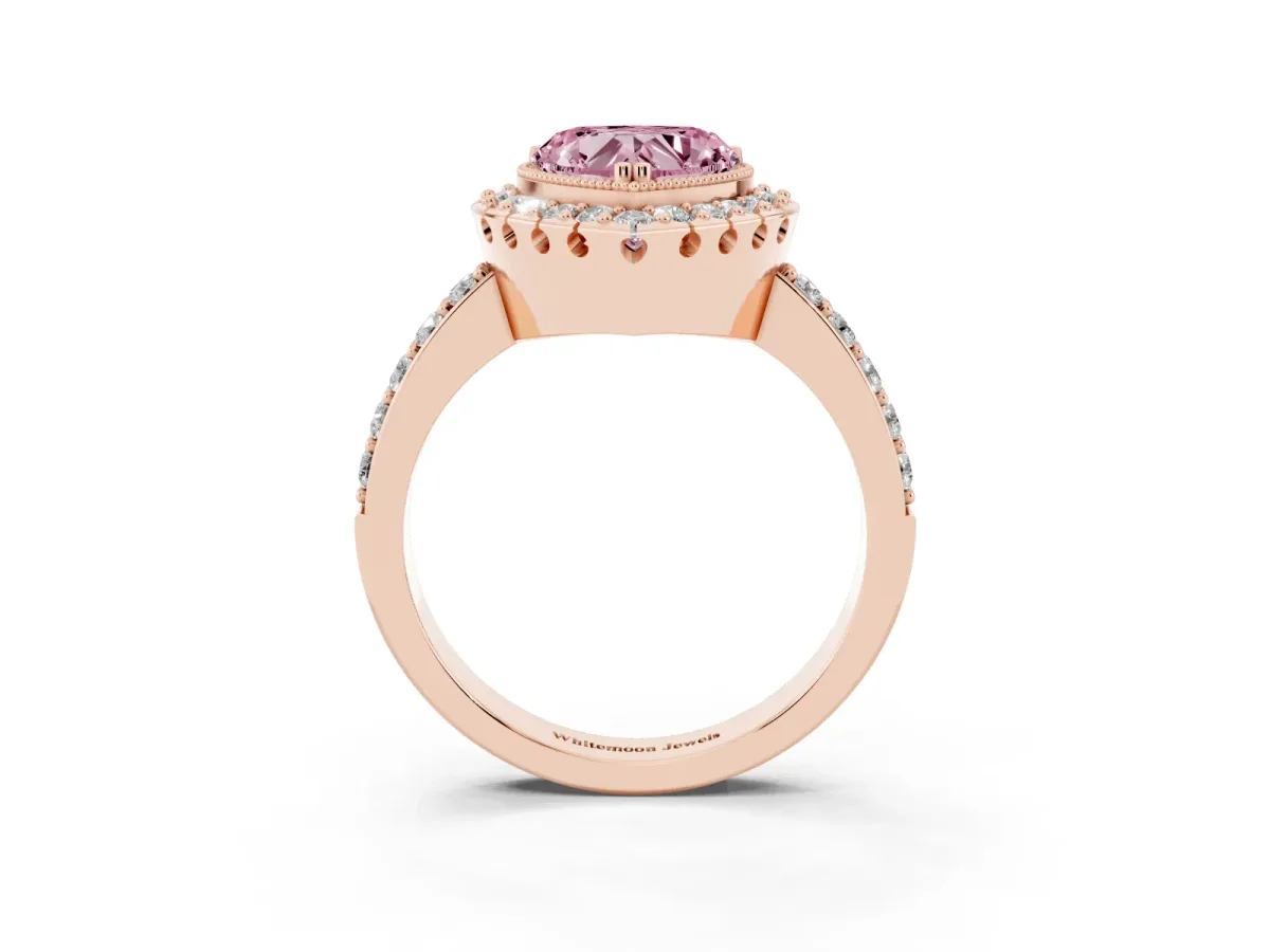 Fancy Pink Heart Cut Diamond Halo Ring with Pavé Band and Prong Setting Rose gold