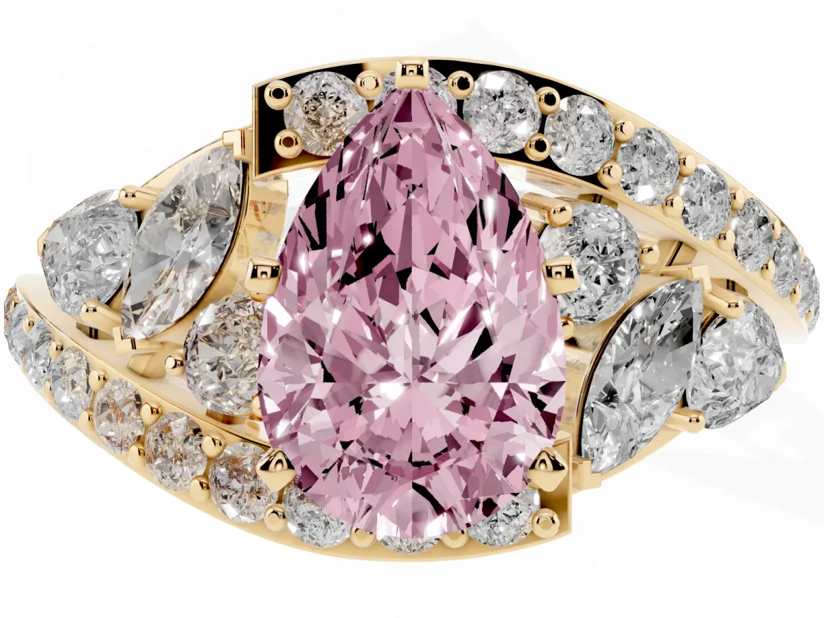 Fancy Pink Pear Cut Diamond Halo Ring with Marquise and Pavé Band in Prong Setting Yellow gold