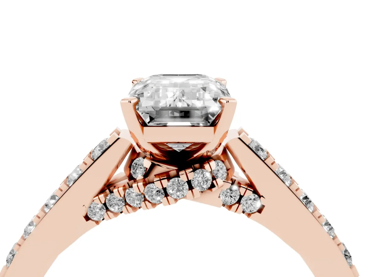 Emerald Cut Diamond Solitaire Ring with Crossover Gallery and Round Pavé Band Rose gold