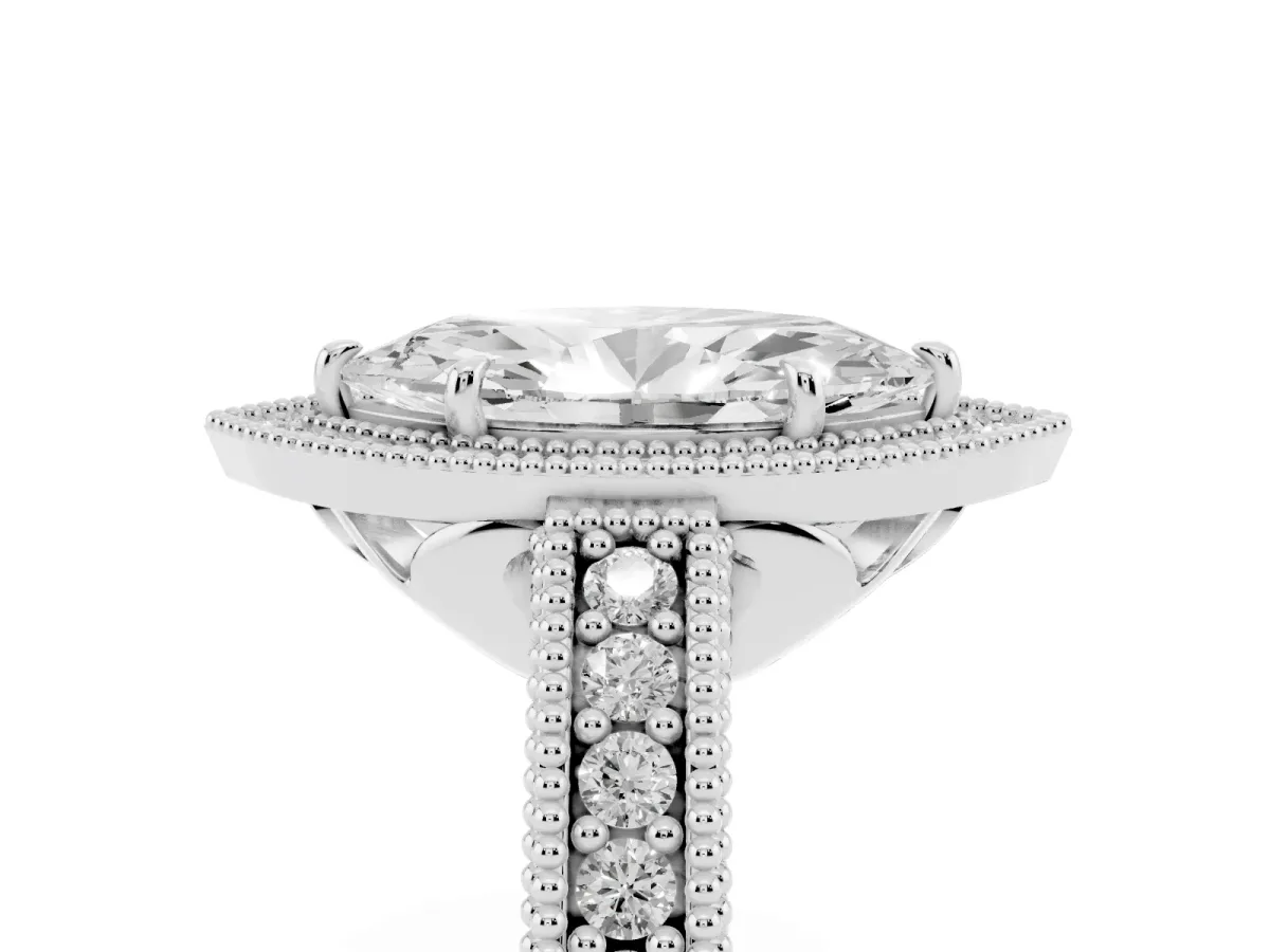 Marquise Cut Cut Halo Diamond Ring with Pavé Band and Four-Prong Setting Platinum