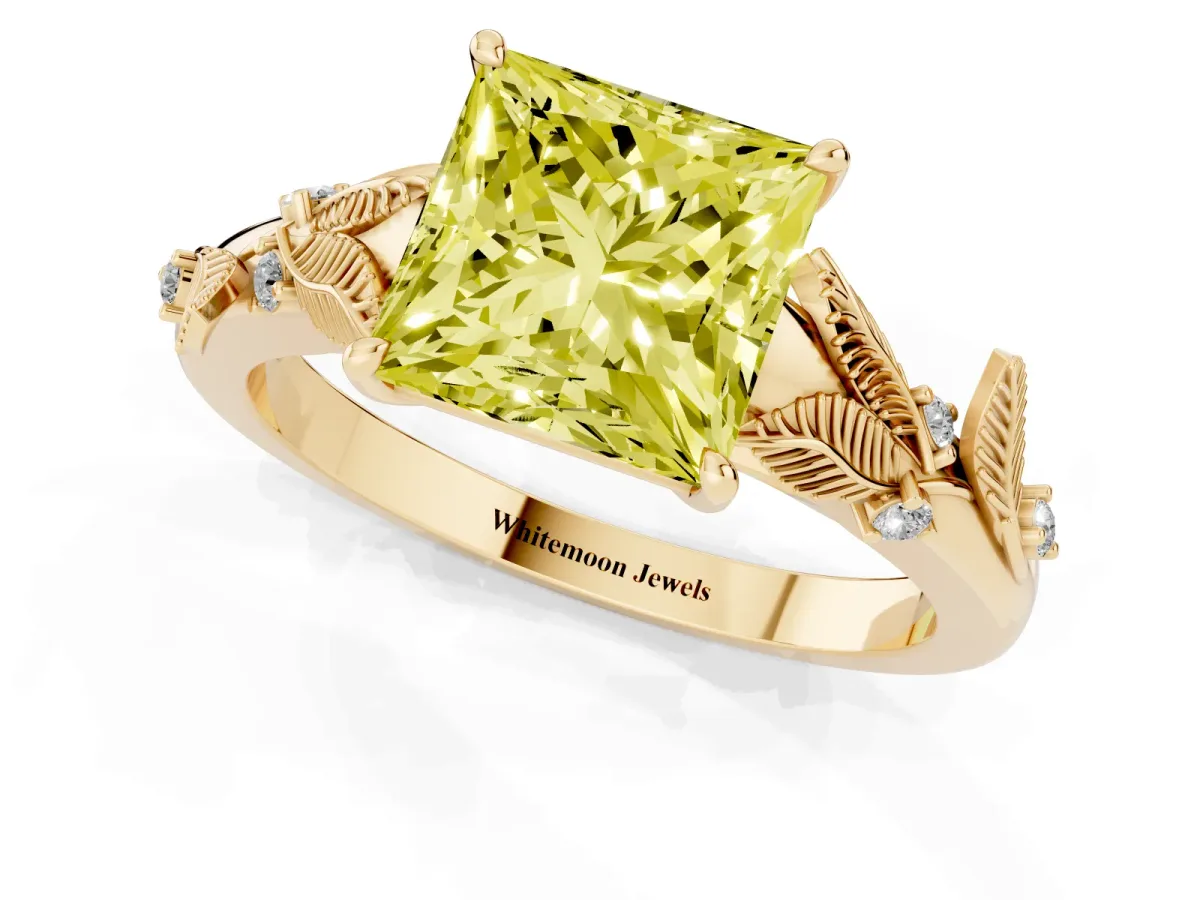 Fancy Yellow Princess Cut Diamond Solitaire Ring with Leaf Motif Band and Four-Prong Setting Yellow gold