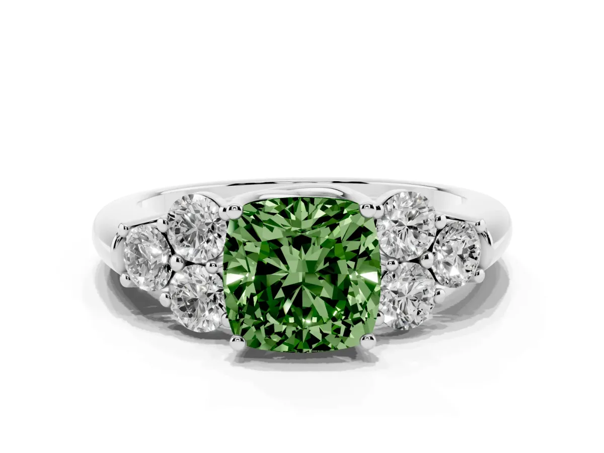 Fancy Green Cushion Cut Cut Diamond Cluster Ring with Round Accent Stones and Prong Setting on a Classic Band White gold