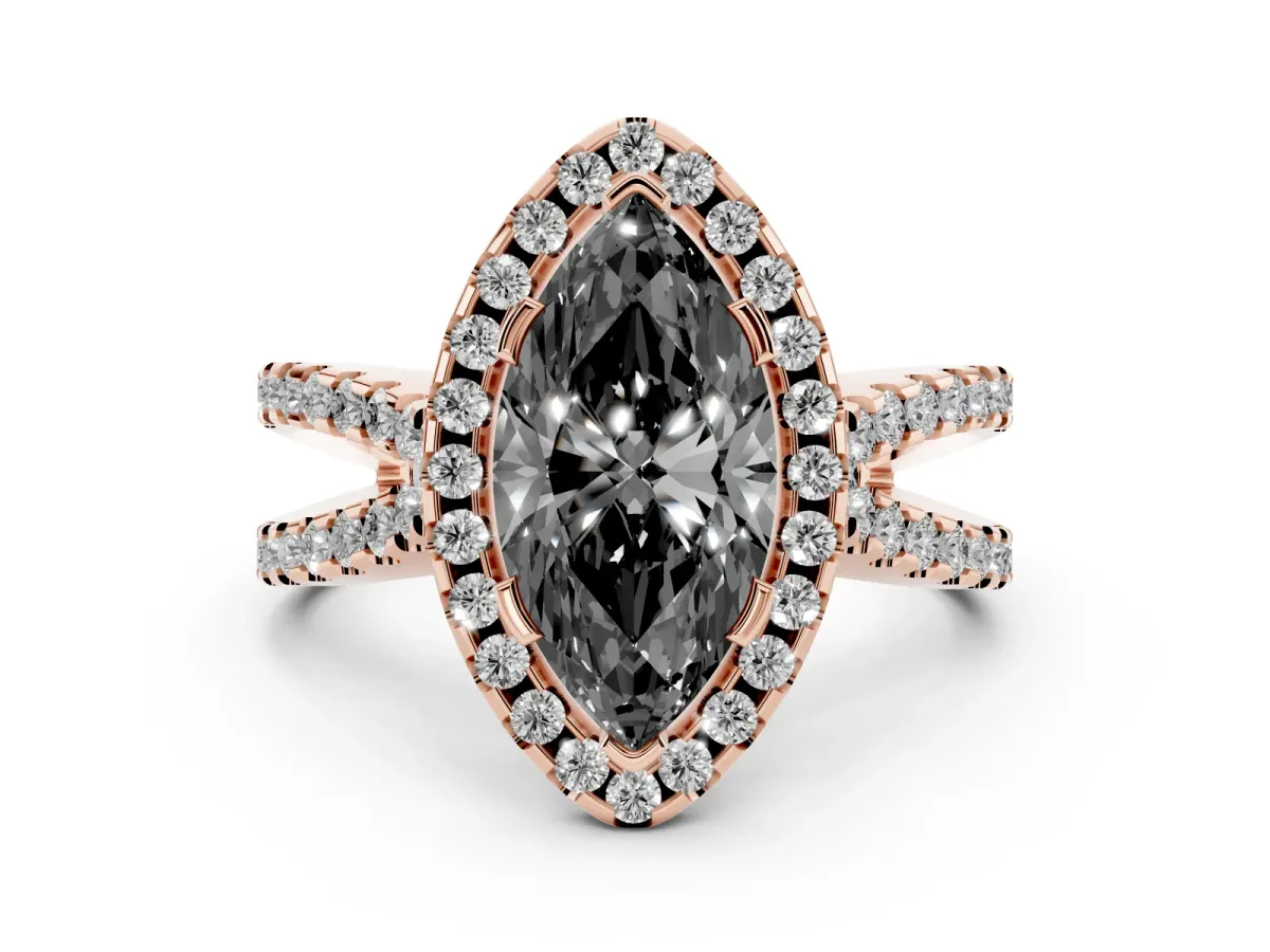 Fancy Black Marquise Cut Diamond Halo Ring with Split Shank Pavé Band and Prong Setting Rose gold