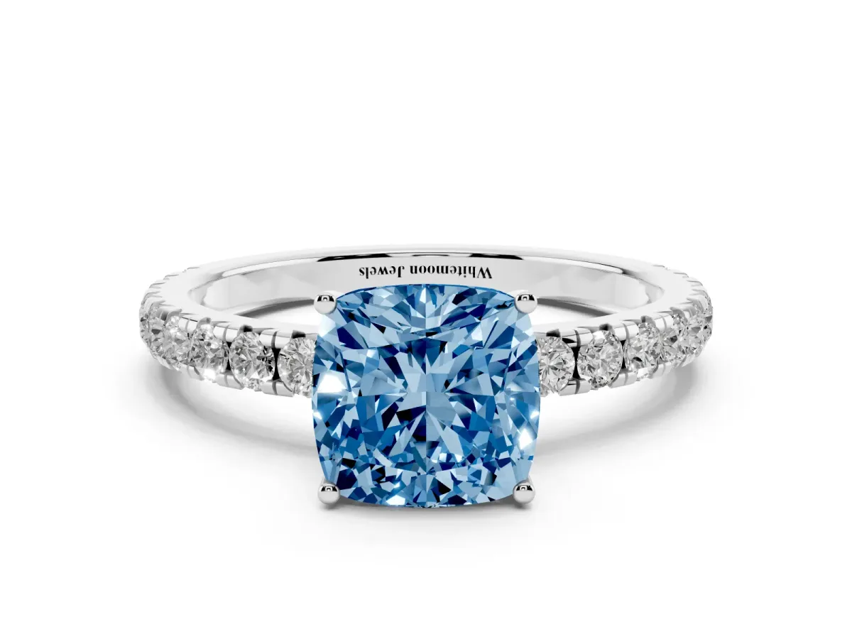 Fancy Blue Cushion Cut Diamond Pavé Solitaire Engagement Ring with Four-Prong Setting Silver
