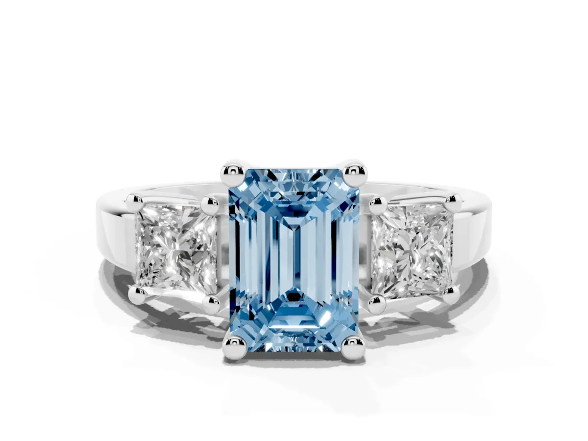 Fancy Blue Three-Stone Emerald Cut Cut Solitaire Ring with Prong Setting Silver