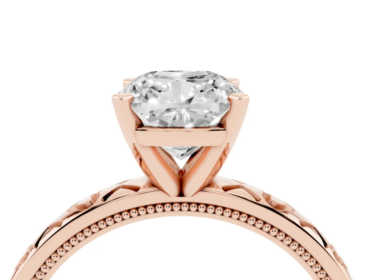 Cushion Cut Solitaire Diamond Engagement Ring with XO Engraved Band and Four-Prong Setting Rose gold