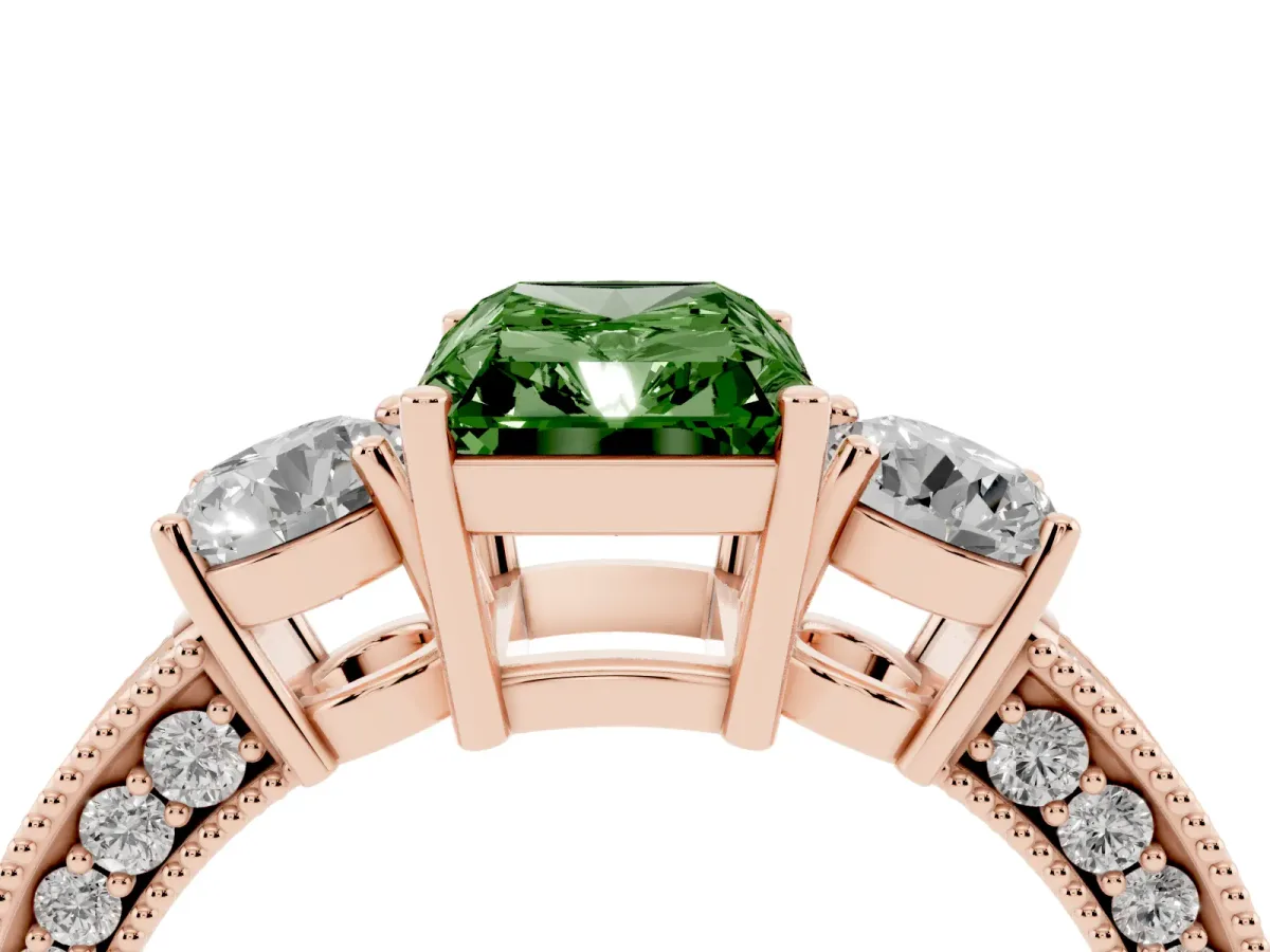 Fancy Green Radiant Cut Three-Stone Diamond Ring with Pavé Band and Four-Prong Setting Rose gold