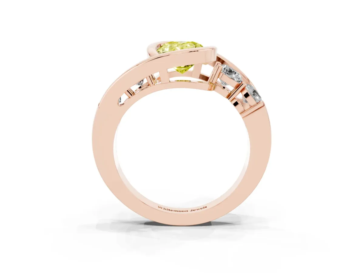 Fancy Yellow Bezel Set Oval Cut Diamond Bypass Ring with Round Accents Rose gold