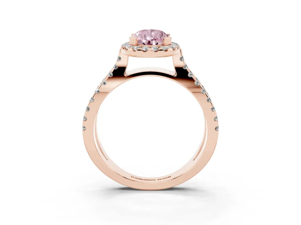 Fancy Pink Pear Cut Diamond Halo Ring with Split Shank Pavé Band and Prong Setting Rose gold