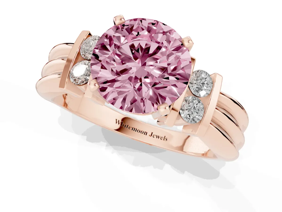 Fancy Pink Round Cut Cut Three-Stone Channel Set Ring with Bar Prongs Rose gold