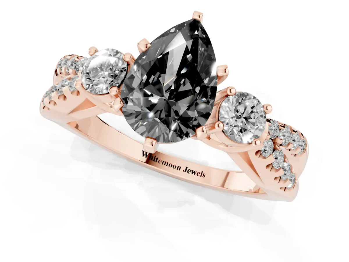 Fancy Black Pear Cut Diamond Three-Stone Ring with Pavé Split Shank and Four-Prong Setting Rose gold