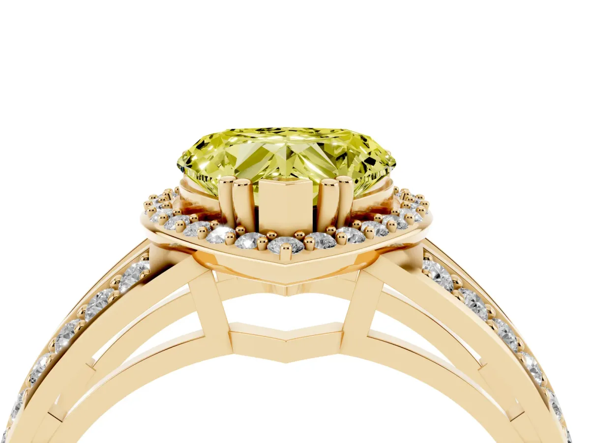 Fancy Yellow Heart Cut Diamond Halo Ring with Split Shank Pavé Band and Four-Prong Setting Yellow gold