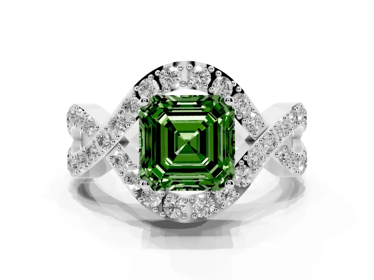 Fancy Green Asscher Cut Solitaire Twist Band Pavé Diamond Engagement Ring Silver