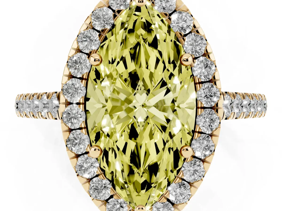 Fancy Yellow Marquise Cut Halo Pave Diamond Engagement Ring with Four-Prong Setting Yellow gold