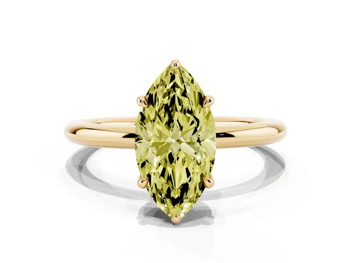 Fancy Yellow Marquise Cut Diamond Solitaire Ring with Thin Band and Four-Prong Setting Yellow gold