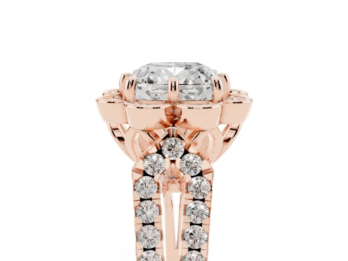 Cushion Cut Halo Diamond Floral Split Shank Engagement Ring Rose gold