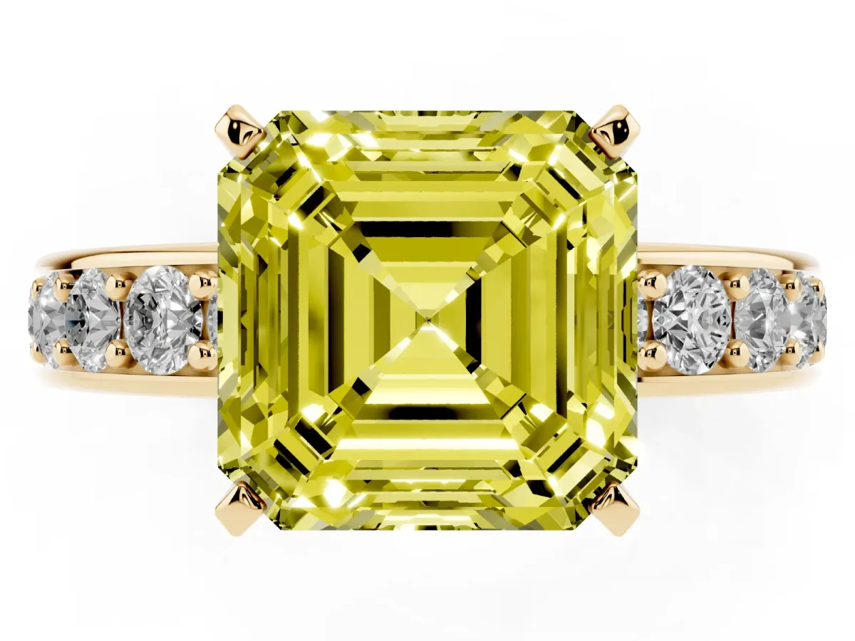 Fancy Yellow Asscher Cut Diamond Engagement Ring with Channel Set Round Band and Prong Setting Yellow gold