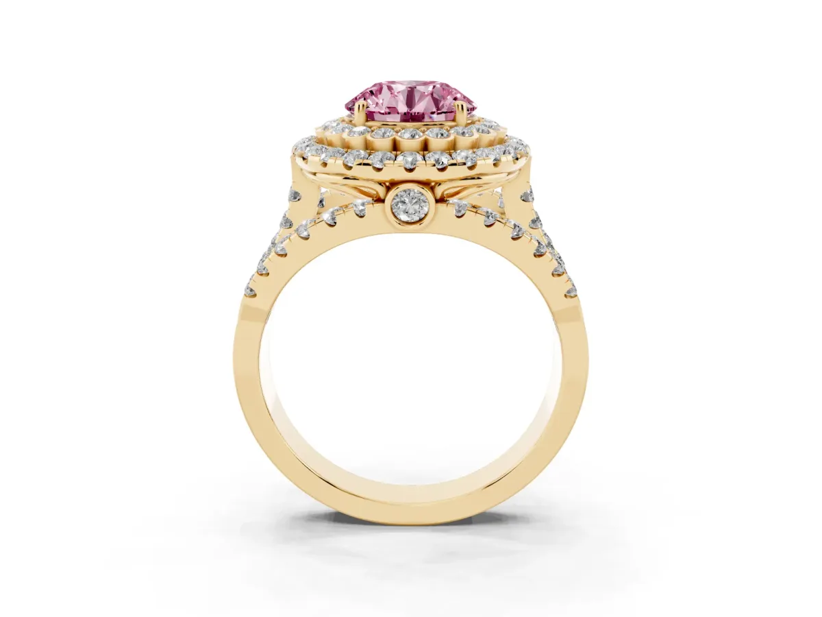 Fancy Pink Round Cut Diamond Double Halo Ring with Round Pavé Split Shank and Prong Setting Yellow gold