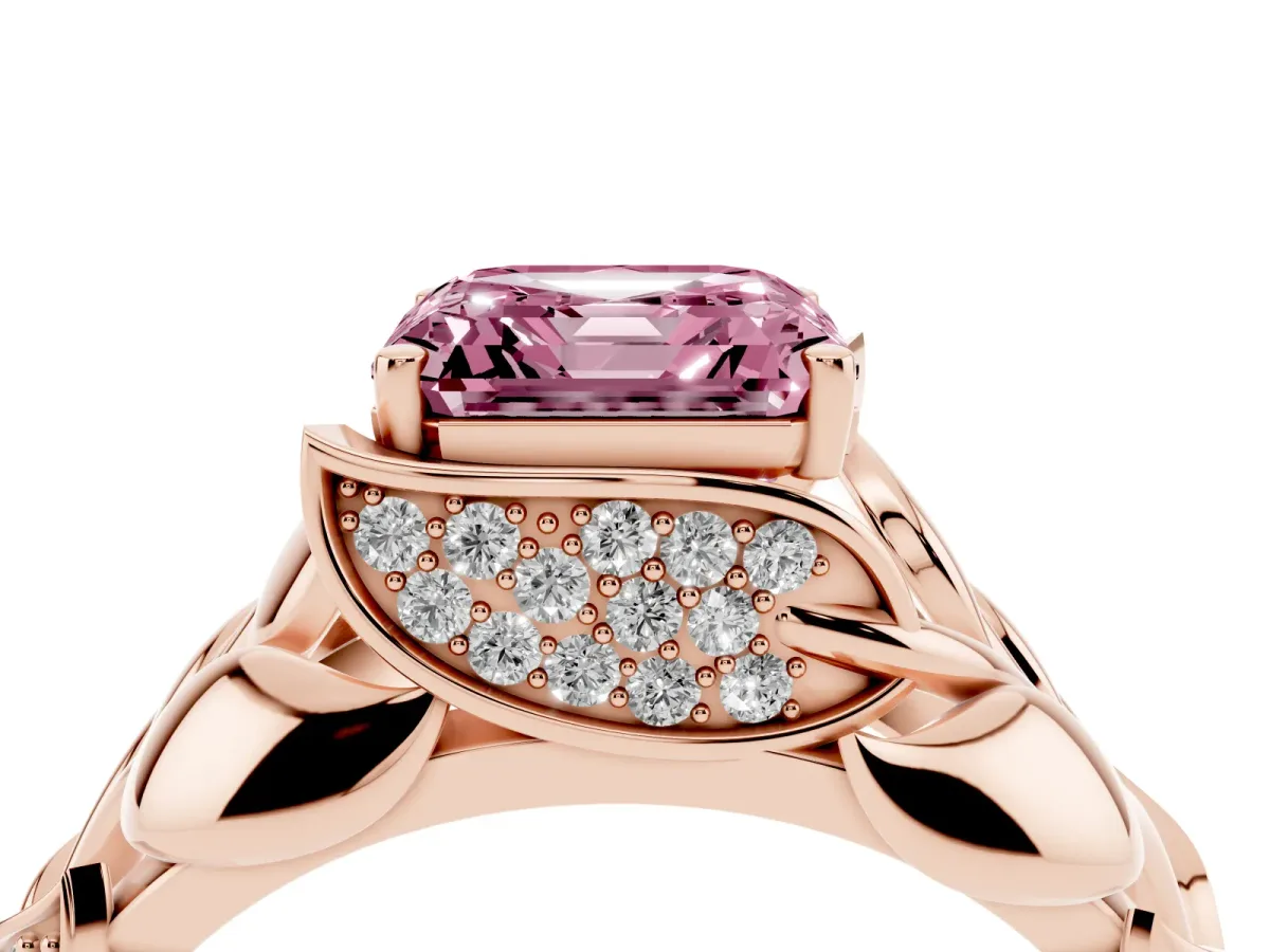Fancy Pink Asscher Cut Diamond Leaf-Inspired Engagement Ring with Round Accents and Prong Setting Rose gold