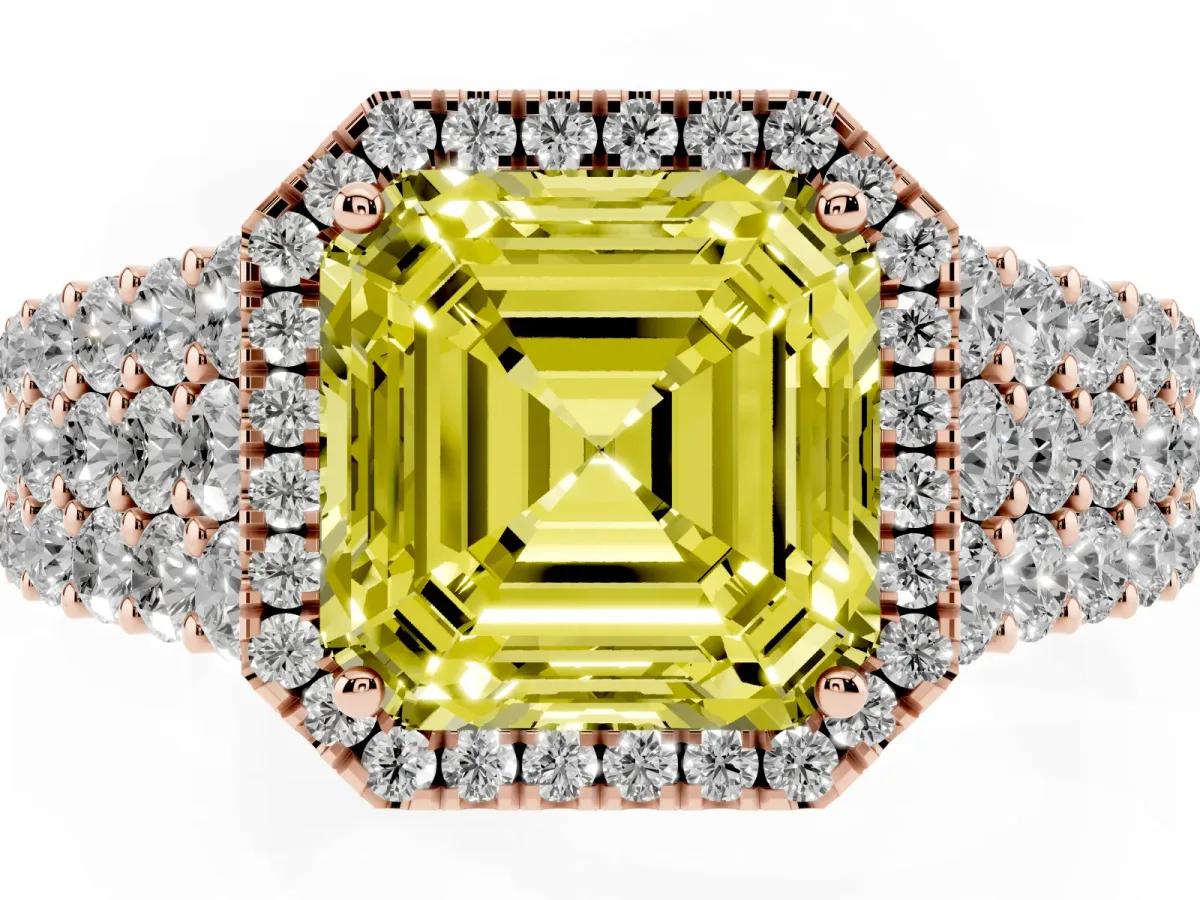 Fancy Yellow Asscher Cut Diamond Halo Engagement Ring with Triple Row Round Pavé Band and Prong Setting Rose gold