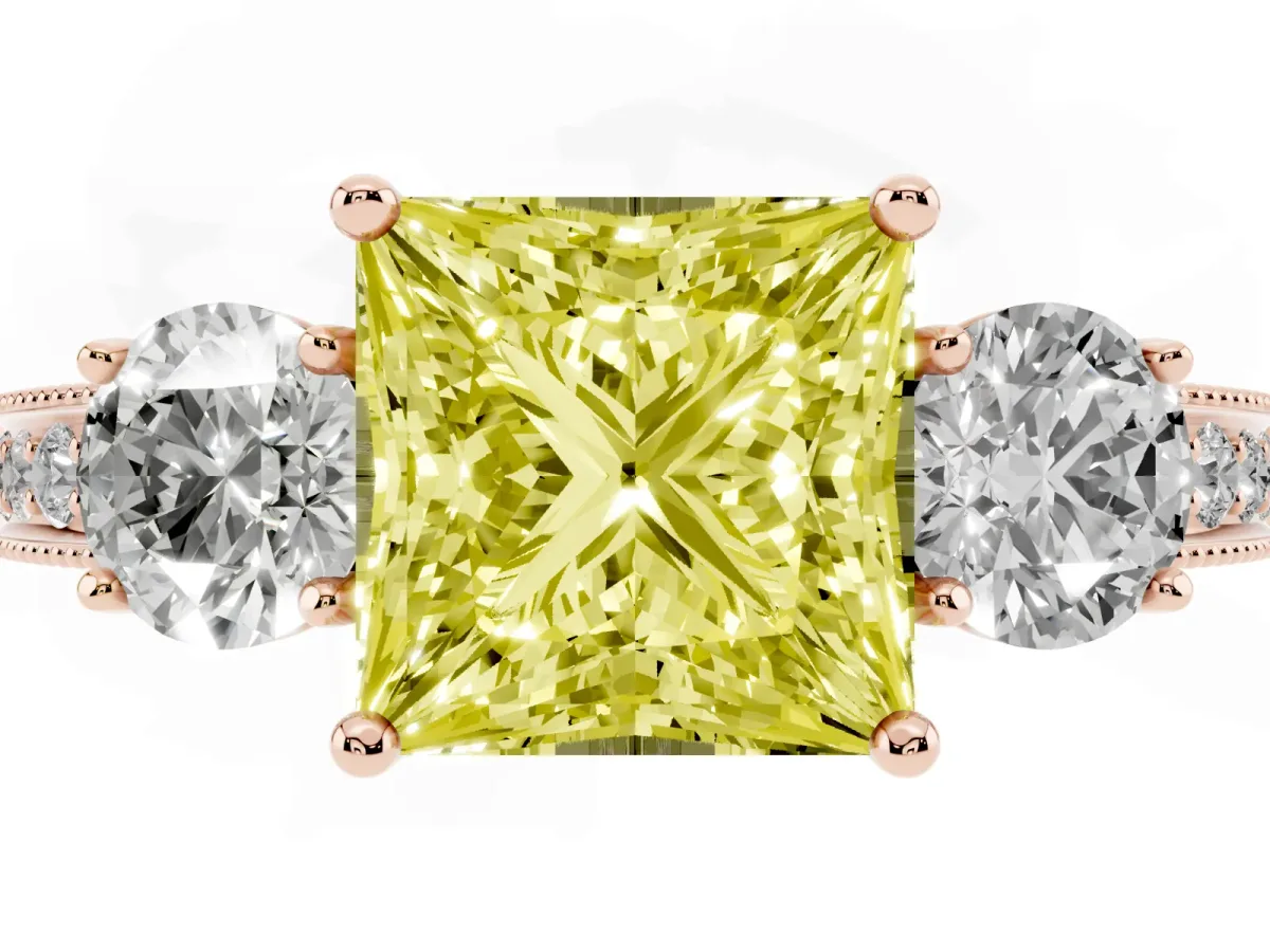 Fancy Yellow Princess Cut Three-Stone Diamond Ring with Pavé Band and Four-Prong Setting Rose gold