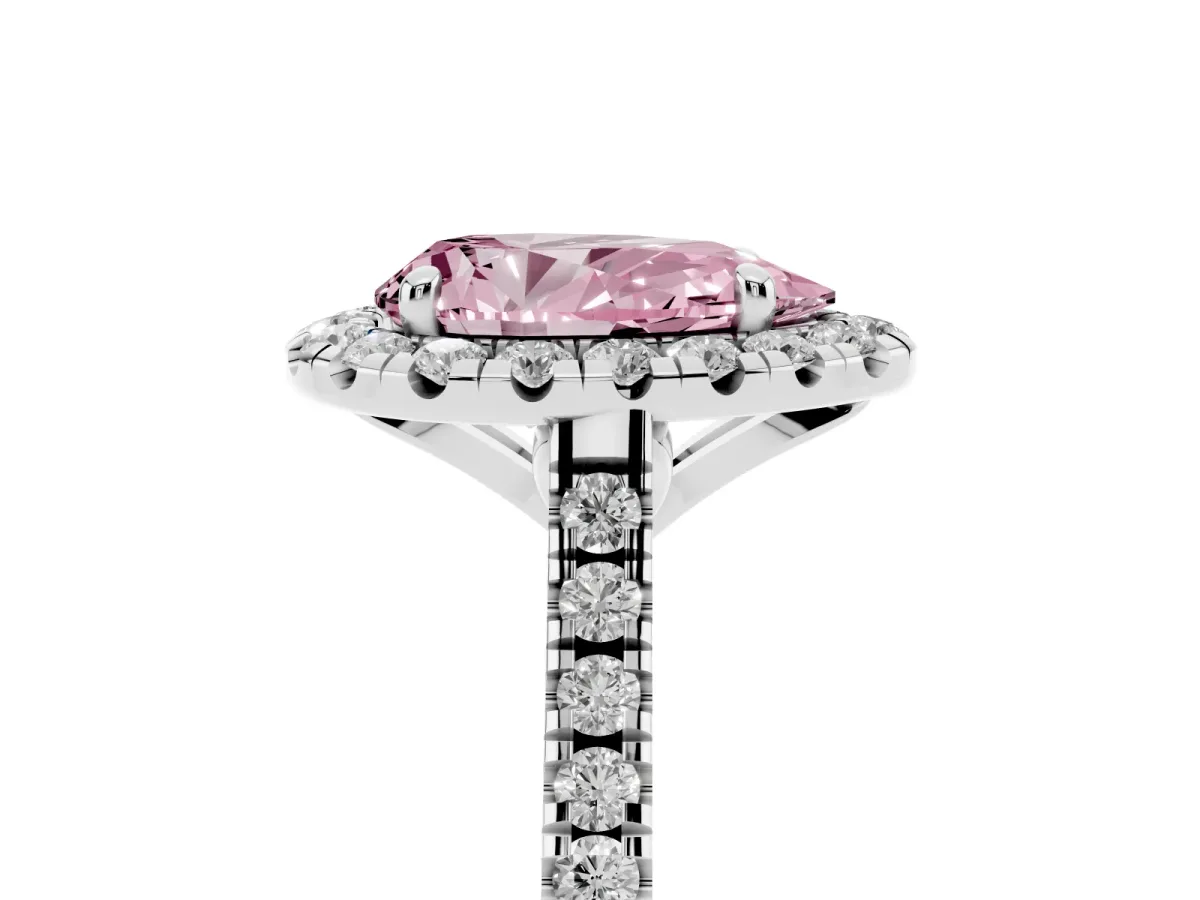 Fancy Pink Pear Cut Diamond Cushion Halo Ring with Pavé Band Platinum