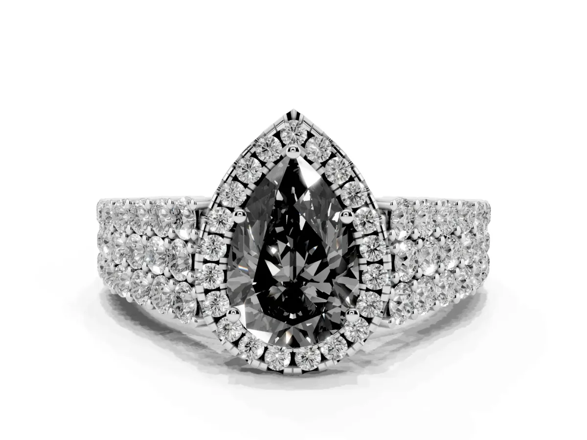 Fancy Black Pear Cut Diamond Halo Engagement Ring with Triple Row Round Pavé Band and Prong Setting Platinum
