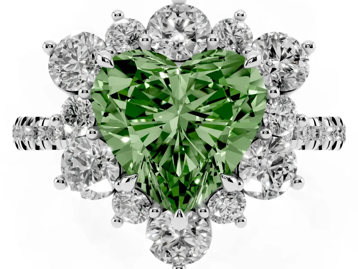 Fancy Green Heart Cut Diamond Floral Halo Ring with Round Pavé Band and Prong Setting Silver
