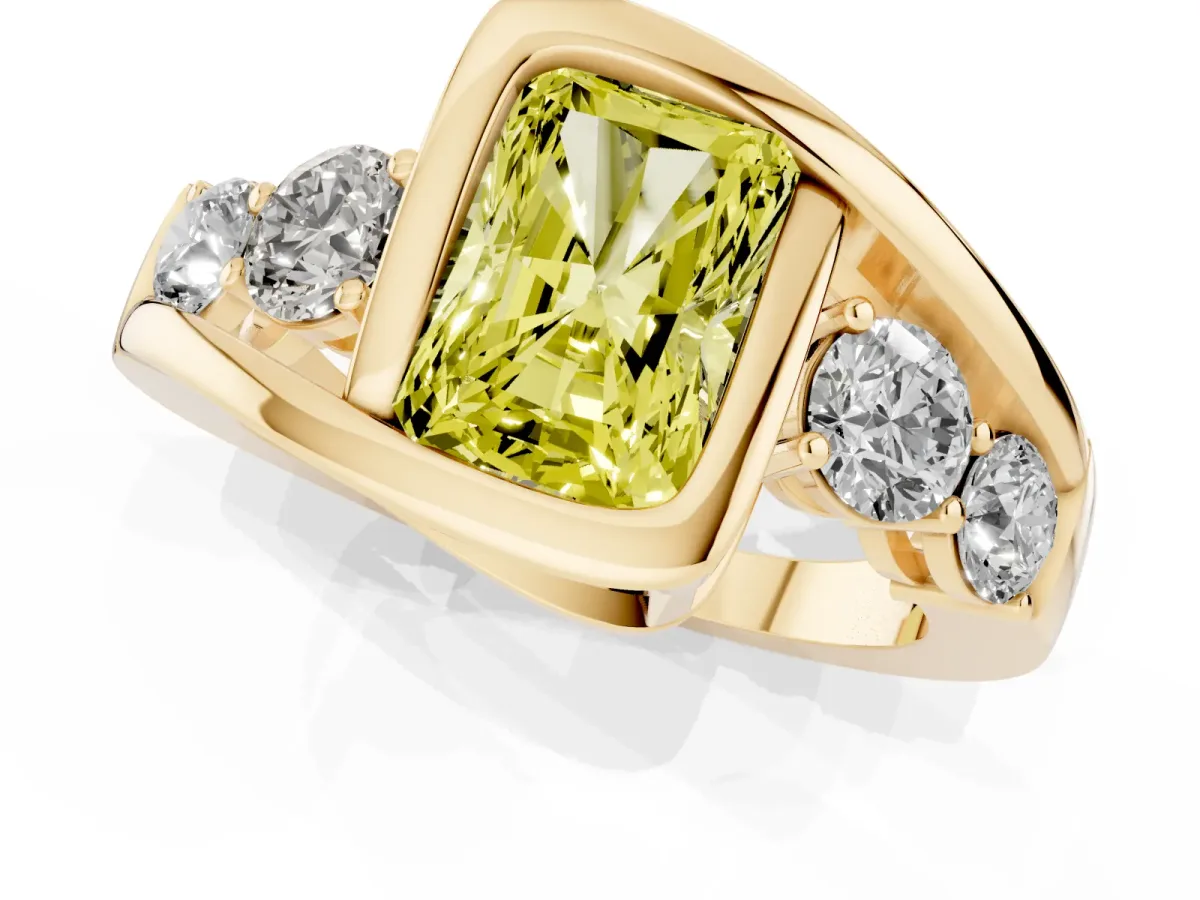 Fancy Yellow Bezel Set Radiant Cut Diamond Bypass Ring with Round Accents Yellow gold