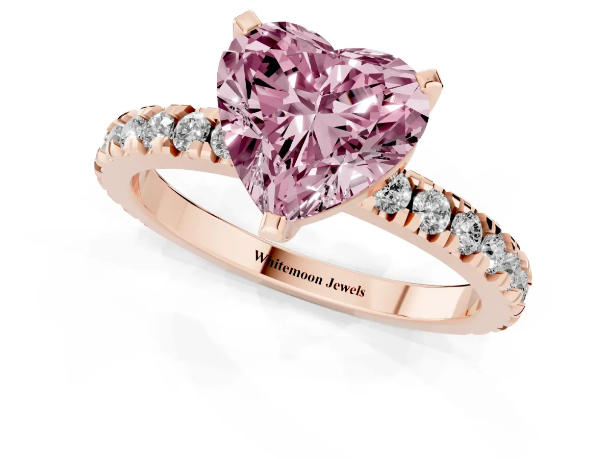 Fancy Pink Heart Cut Diamond Pavé Band Solitaire with Four-Prong Setting Rose gold