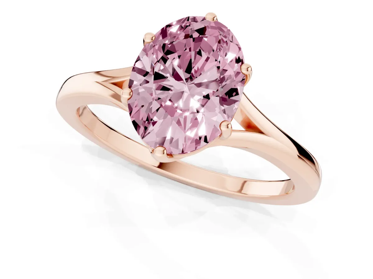 Fancy Pink Oval Cut Solitaire Diamond Ring with Six-Prong Setting and Tapered Band Rose gold