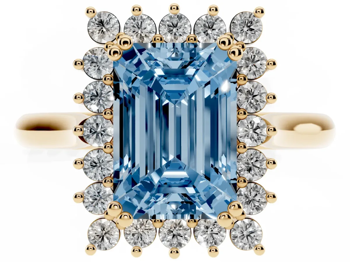 Fancy Blue Emerald Cut Cut Diamond Halo Ring with Solitaire Band and Prong Setting Yellow gold