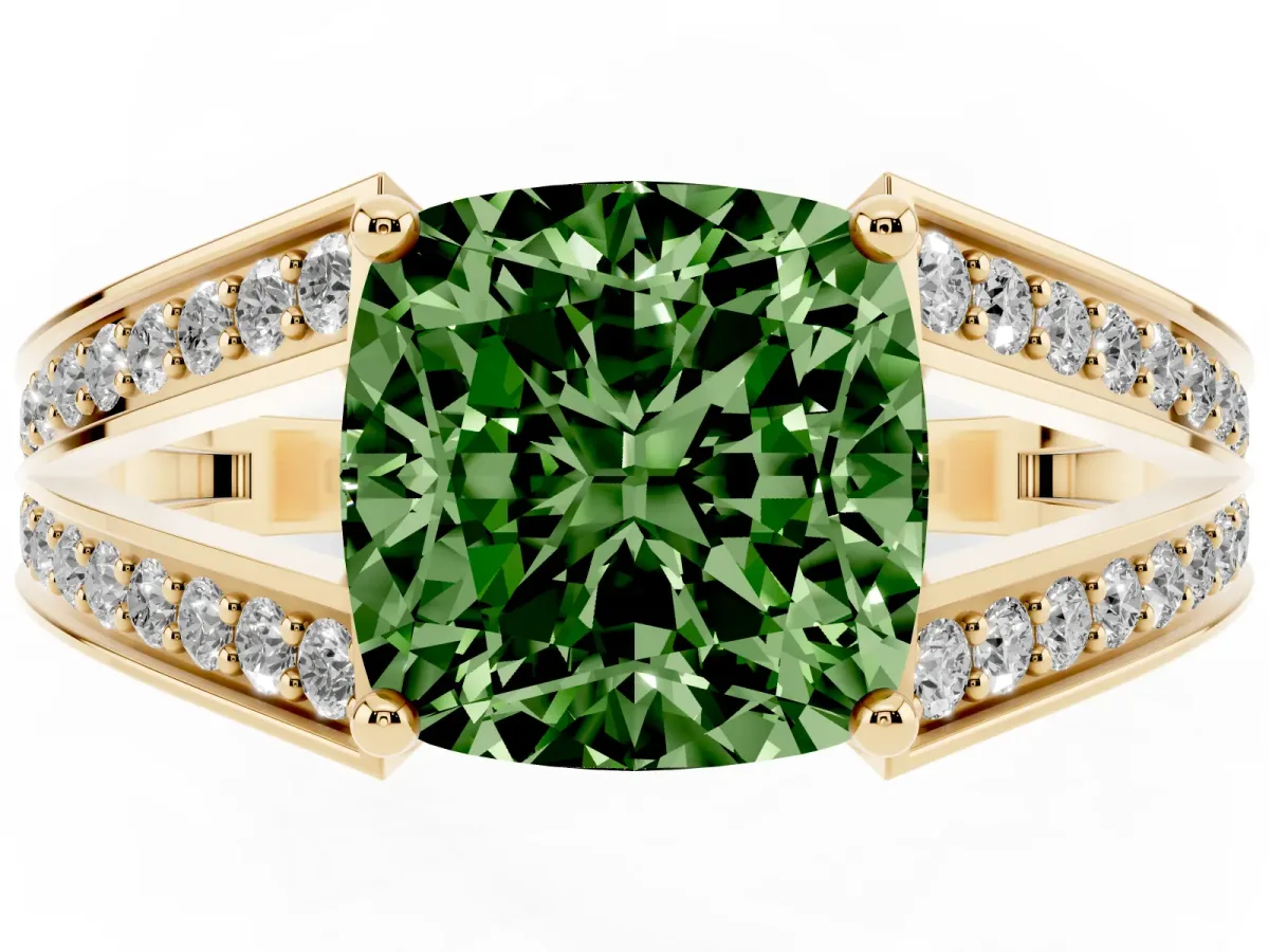 Fancy Green Cushion Cut Diamond Split Shank Ring with Pavé Band and Four-Prong Setting Yellow gold